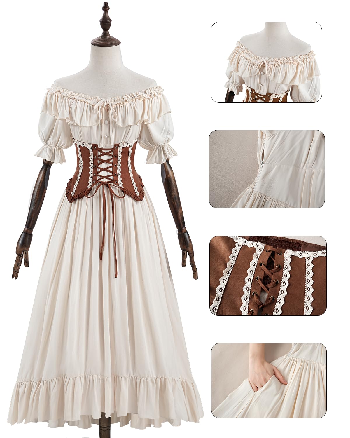 Fiamll Robe médiévale à manches courtes pour femme - Robe longue Renaissance - Vêtement victorien - Ourlet haut - Robe de soirée pour les festivals médiévaux et le carnaval