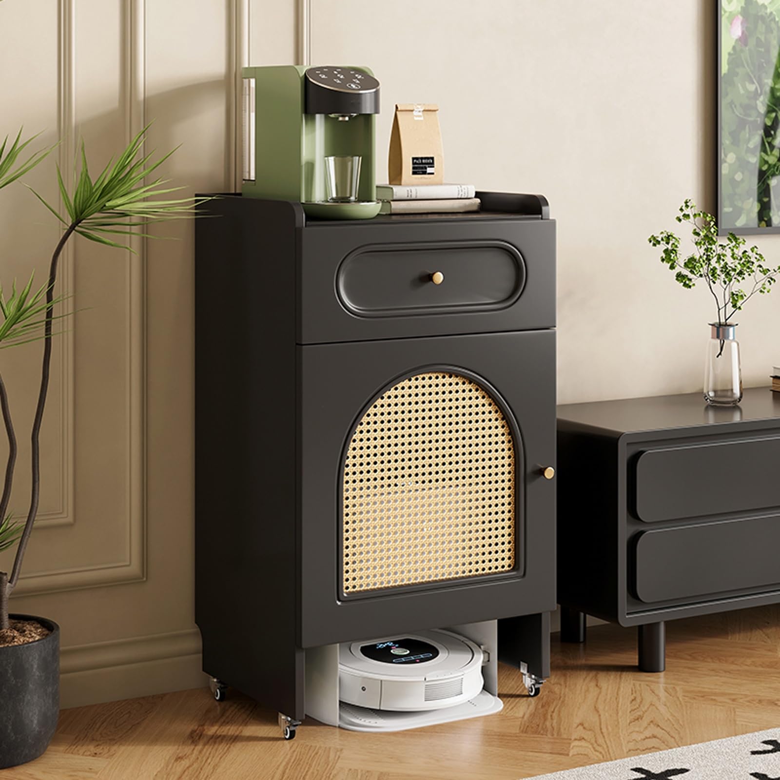 Szafka na kółkach do robota odkurzającego, szafka boczna na sofę, drewniany stolik boczny, nowoczesny i dyskretny design, do salonu, sypialni lub kuchni (czarny)