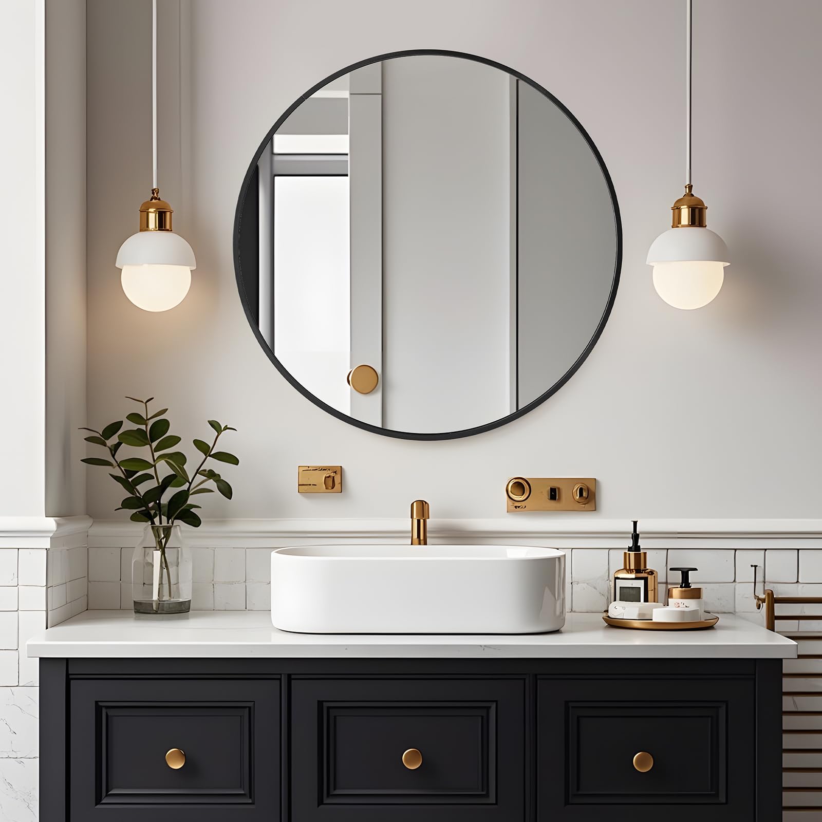 Amazing Tour Round Bathroom Mirror,40cm Circle Mirror Brushed Frame Wall Mirror Metal Framed HD Glass Wall for Makeup Bathroom Living Room Entryway Black — image 1