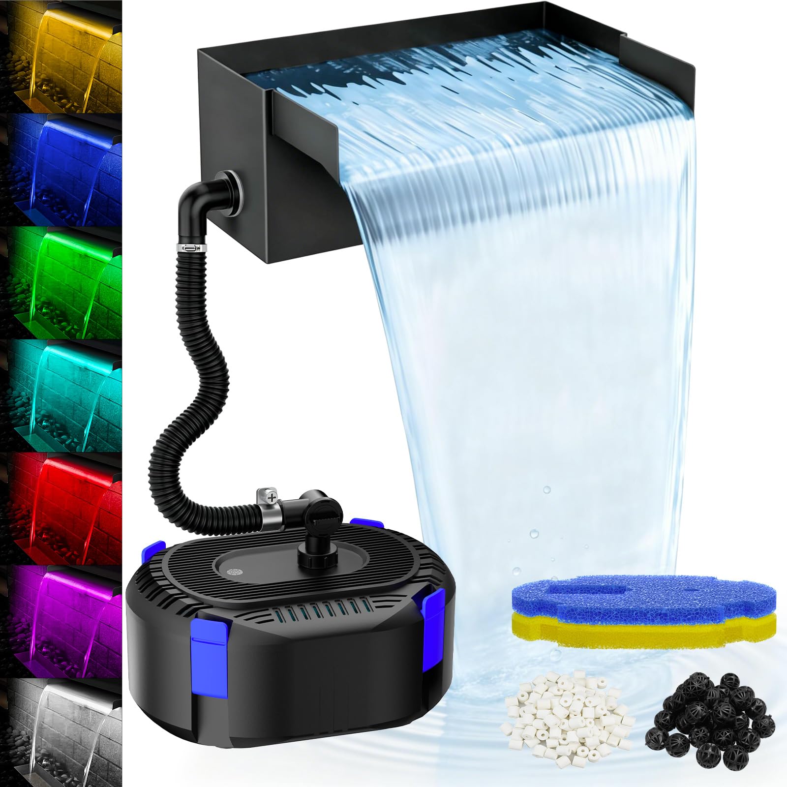 Photo 1 of AquaMiracle Complete Outdoor Pond Waterfall Kit with LED Light | 4-Stage Filtration System | 12" Stainless Steel Spillway with 850GPH Water Pump | for Garden Backyard Koi Pond Pool Decoration