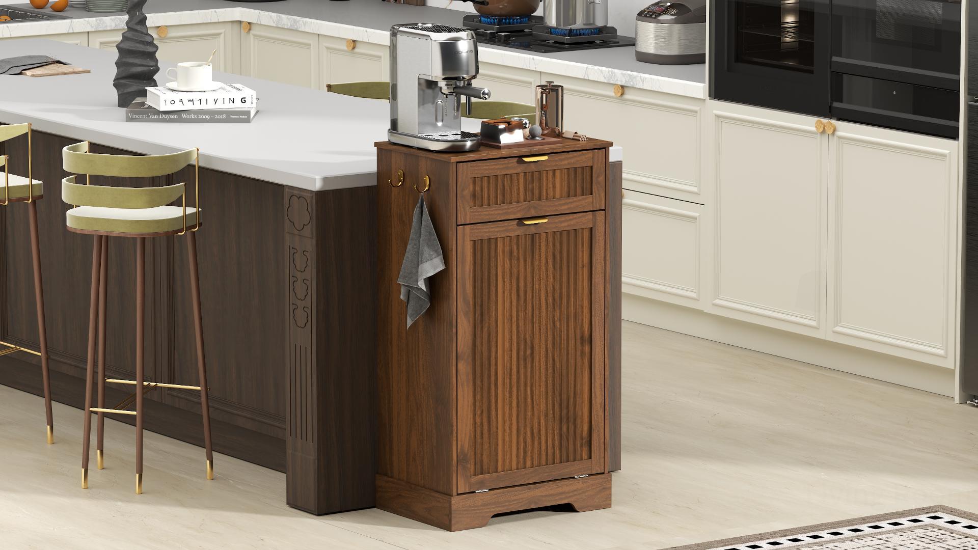 Image of Single 13 Gallon Tilt Out Trash Can Cabinet,Garbage Cabinet with Drawer | Hidden Garbage Storage with Fluted Design, Drawer & Hooks for Kitchen, Dining Room and Small Space Organization,Walnut