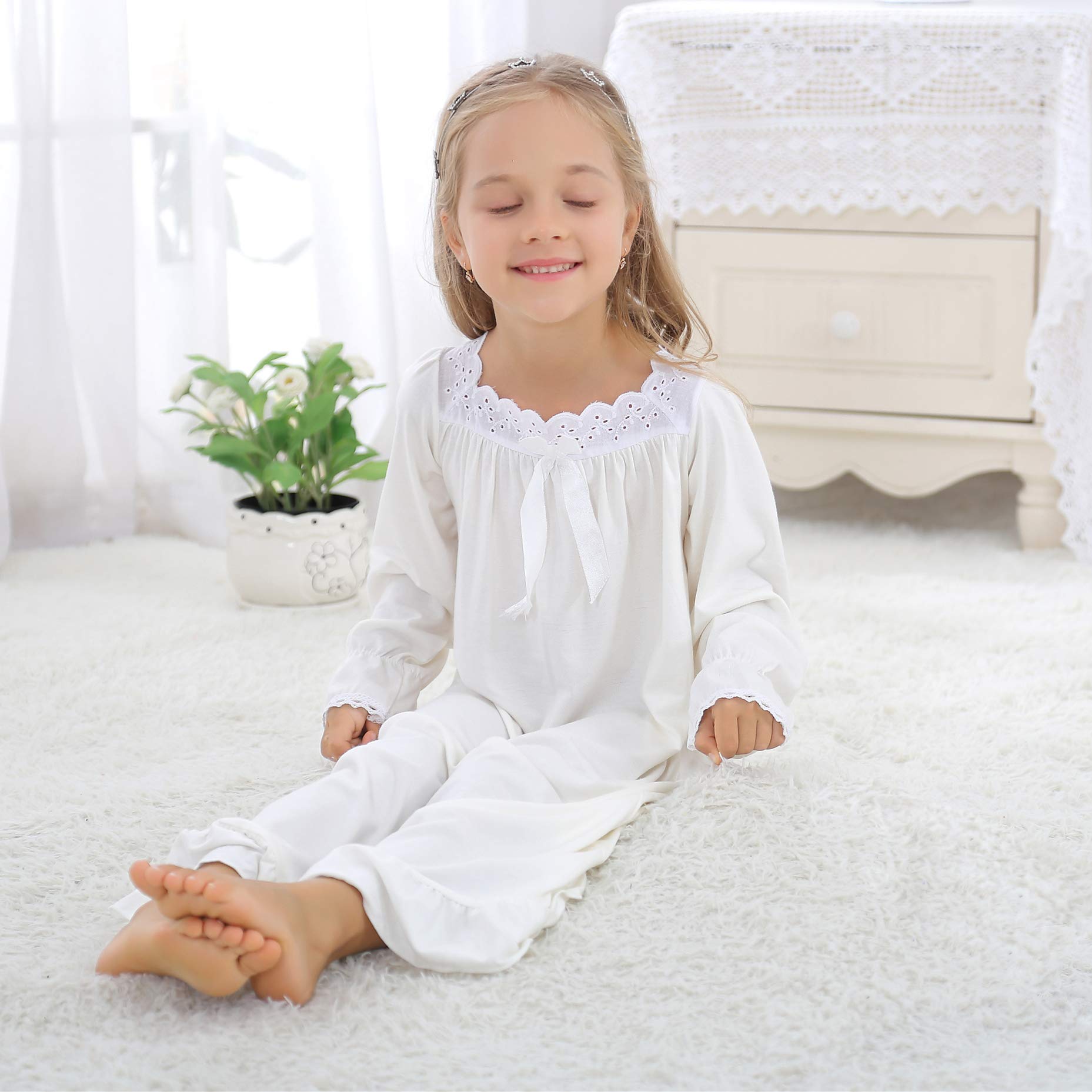 Chemise de Nuit Pyjama pour Fille 3-13ans Robe de Nuit à Manches Longues en Dentelle en Coton pour Enfant