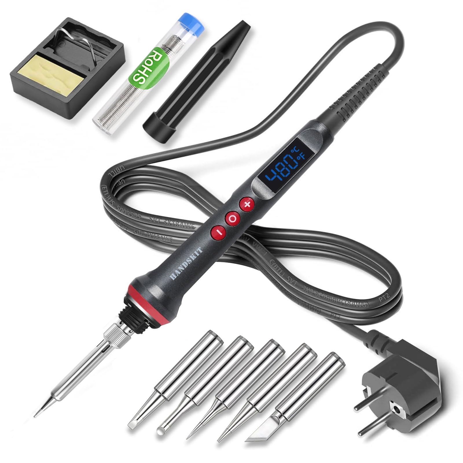 HANDSKIT Fer à Souder Précision 90W, Température Réglable de 180 à 480℃, Fer à Souder LED Électronique, 5 Pointes de Soudure, Support et Fil de Soudure pour DIY, Fer à Souder Étain et Électrique