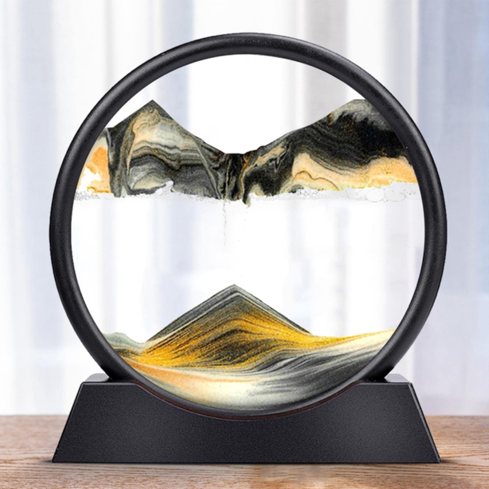 Sfaft Black Gold Moving Sand Art Picture Round Glass 3D Hourglass Deep Sea Sandscape In Motion Display Flowing Sand Frame 7/12Inch For Home Decor