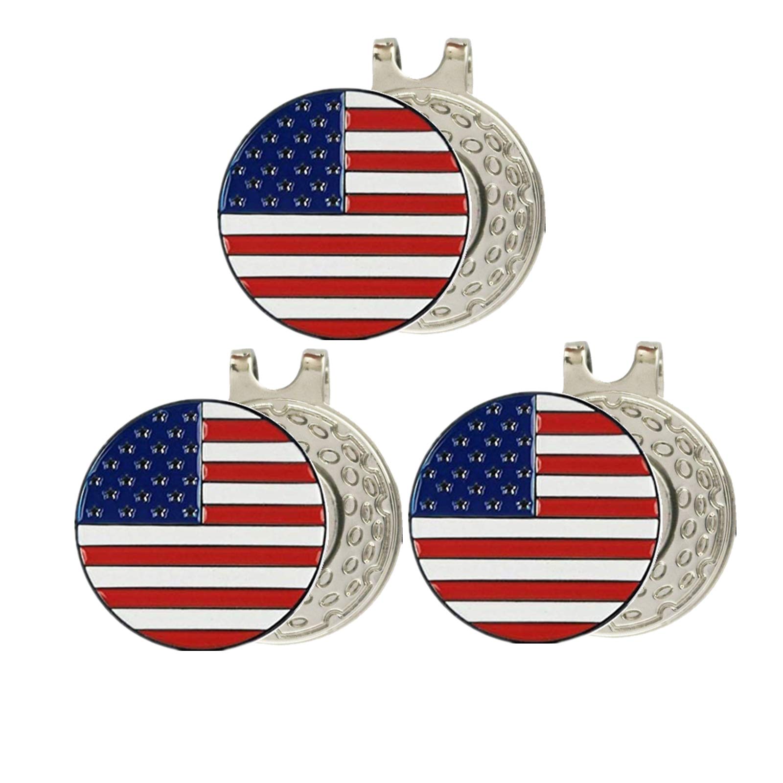FINGER TEN Golf Ball Markers 3 Pcs with 3 Pack Hat Clip Value Gift Set, Mark Pattern USA, Eagle, Ribbon in Choice for Men Women Kid (All USA Flag)