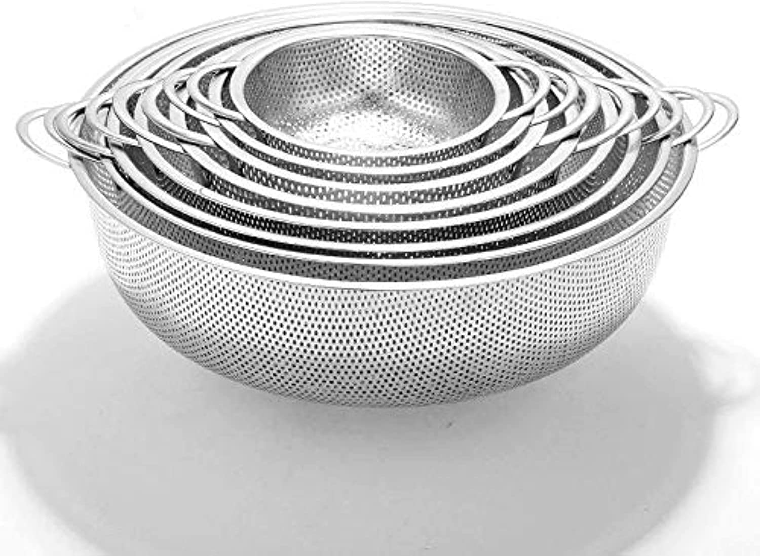 Vegetable Strainer Sifter Colander Set - Kitchen Supply Colander Set of 6 Stainless Steel Mesh Strainers and Colanders Net Baskets with Handles & Base Drain, Rinse, Steam or Cook