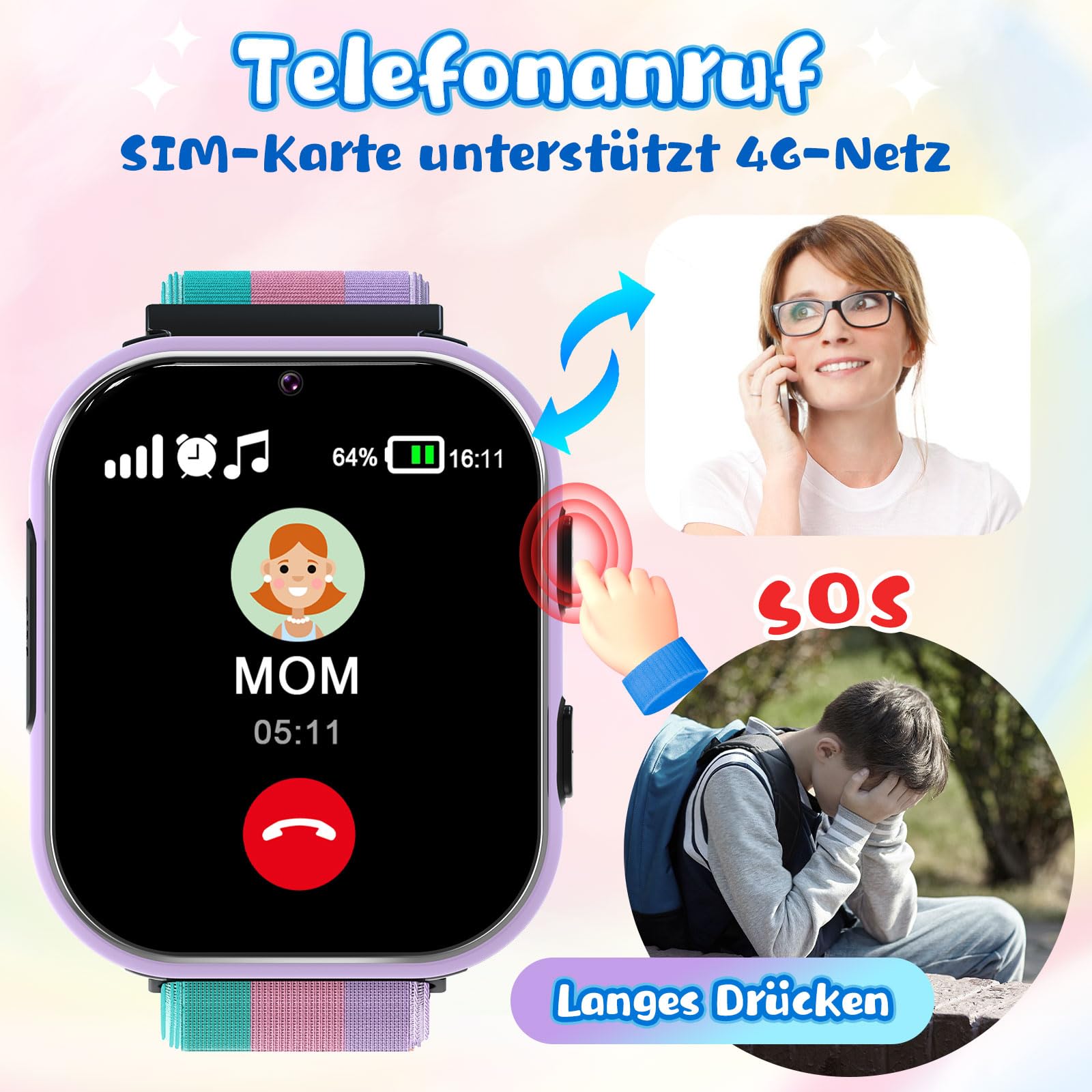 PTHTECHUS Smartwatch per bambini 4G, orologio telefonico per bambini con funzione di chiamata, chiamate bidirezionali, fotocamera, MP3, SOS, scheda di apprendimento, regalo per ragazzi e ragazze rosa