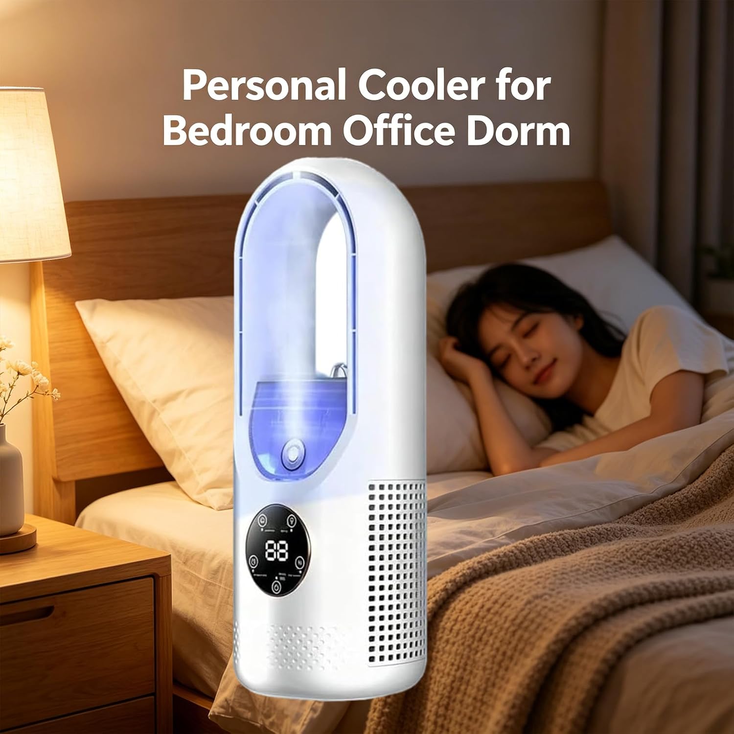 6-Speed Bladeless Electric Fan with Light, with Light and 7-Color Light, Portable Desktop Cooling Fan With Timer and USB Rechargeable, Personal Cooler for Bedroom Office Dorm​ (White Blue)