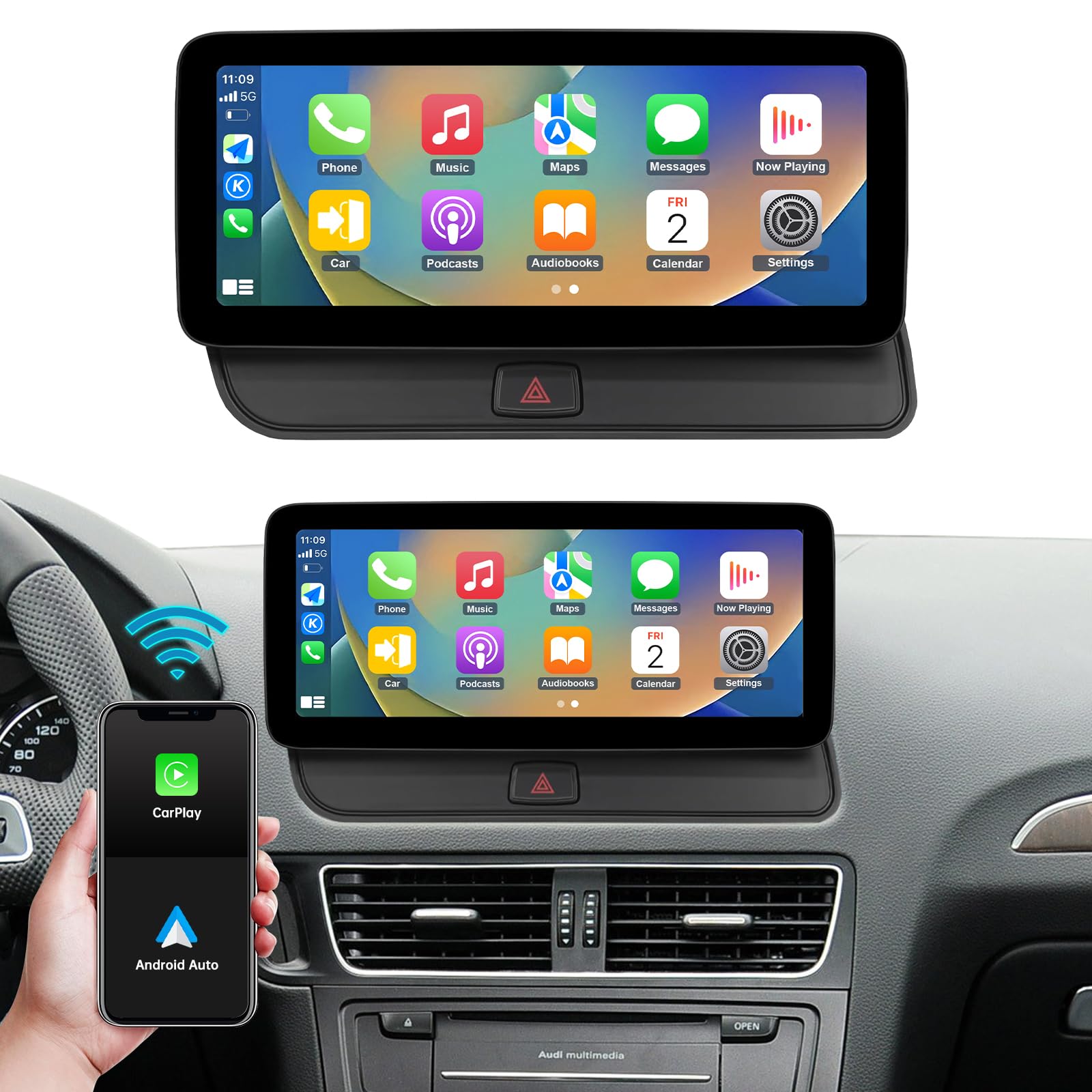 12,3 Pouces Autoradio avec écran Tactile sans Fil Carplay et Android Auto pour Audi Q5 2009-2017 avec système MMI+ 3G, Prend en Charge Mirrorlink, Appareil Photo, Navigation