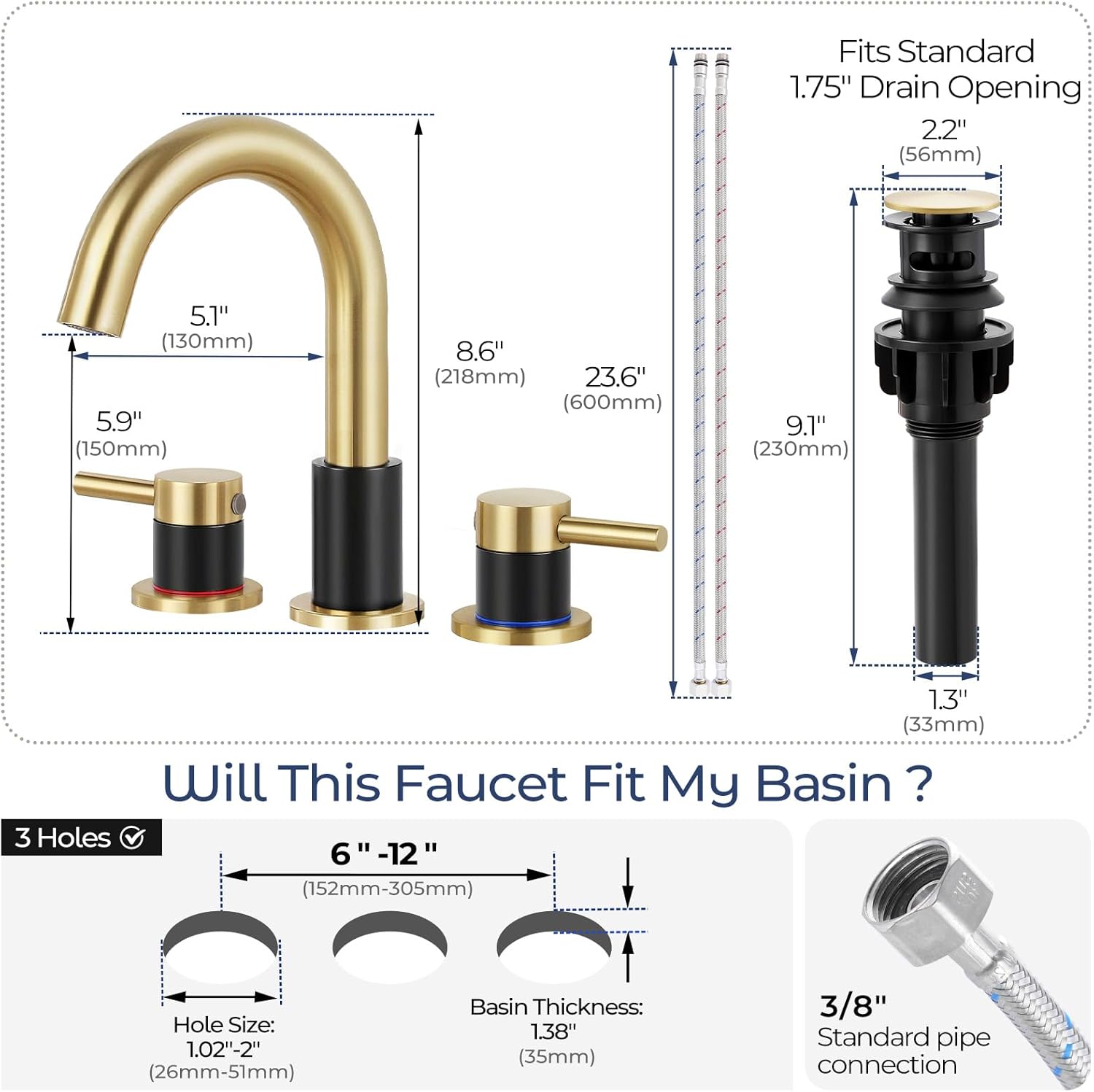 Bathroom Faucet 3 Hole, Brushed Gold and Black Bathroom Sink Faucet with Pop Up Drain, 8 inch Widespread Bathroom Faucet with 360° Swivel Spout, 2 Handle Vanity Faucet with Water Supply Hoses - Image 5