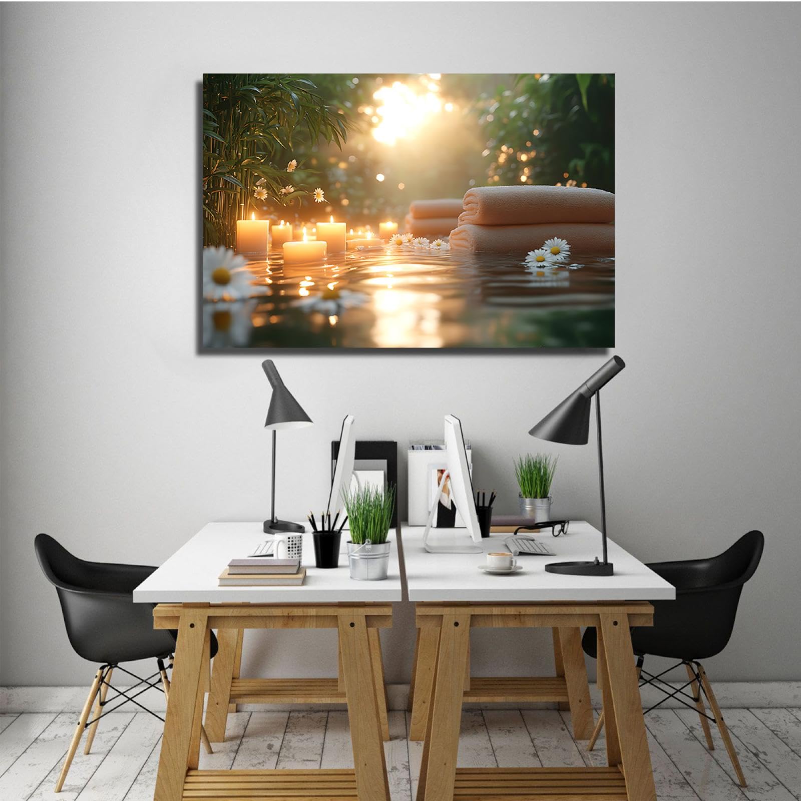 SHENGPOSTER Obrazy Na Płótnie Nowoczesne Boho Las Bamboo Las Spa Świeca Ręcznik Biały Daisy Wall Art Canvas Obraz Do Pokoju Salon Sypialnia Gotowy Do Zawieszenia 45 x 68 cm Wewnętrzna Rama