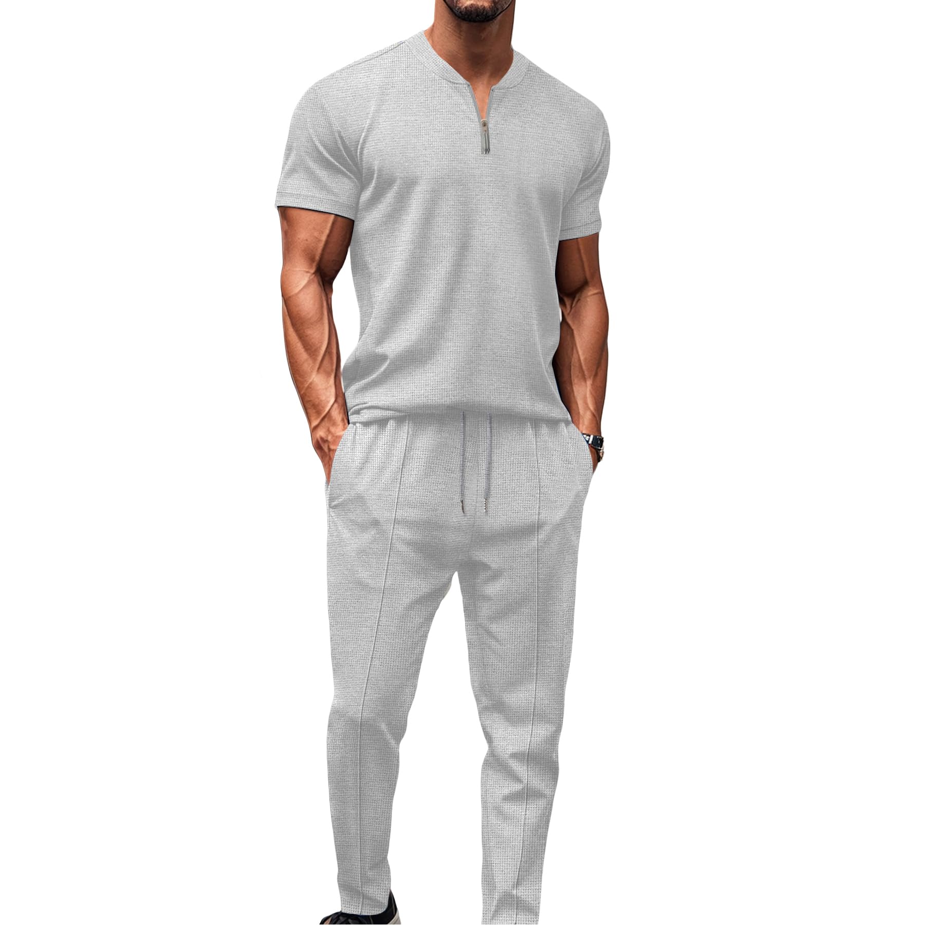 DONYKARRY 2-Teilige Herren Jogging Anzug Trainingsanzug Sportanzug Aus Baumwolle Fitnessraum Kurzarm Oben+ Hose Sommer Tracksuit Atmungsaktiv Hausanzug Set