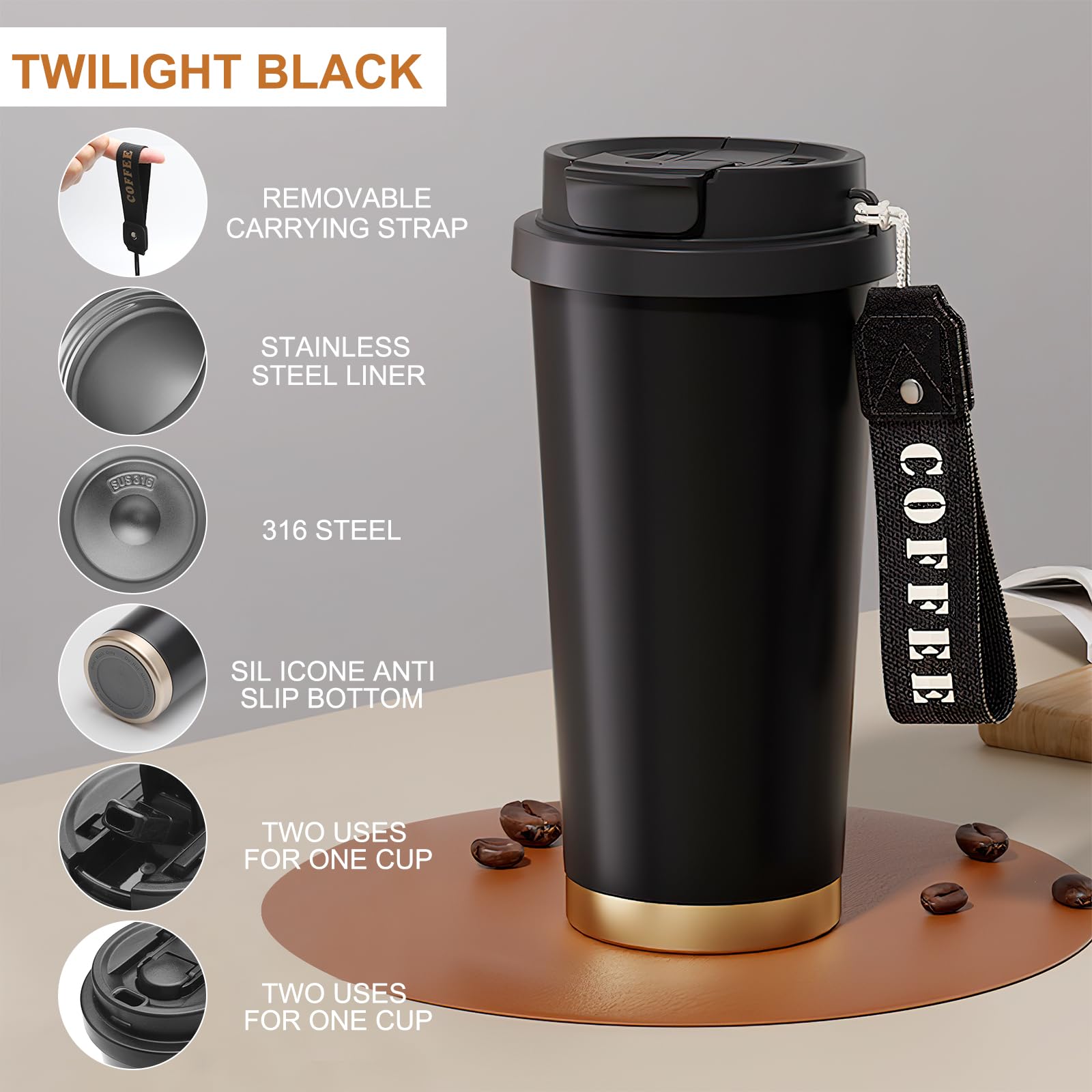 YINBAOGE Tazza Termica Da Viaggio In Acciaio Inox 380ml - Isolata, A Prova Di Perdite, Per Bevande Calde E Fredde, Colore Nero - 2