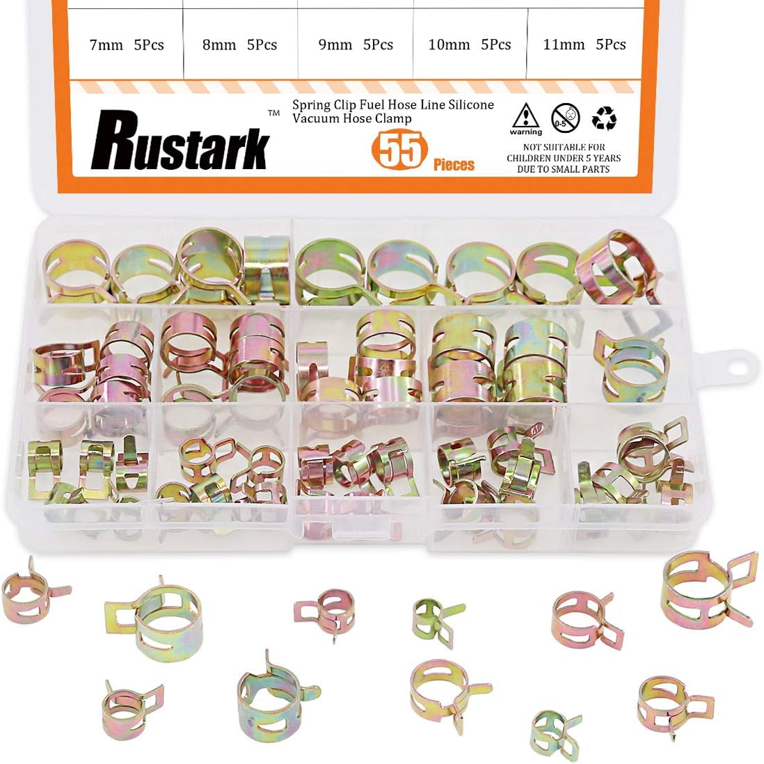 55Pcs Spring Band Type Action Fuel Line Silicone Vacuum Hose Pipe Clamp Low Pressure Air Clip Clamps Fasteners Assortment Kit (5 x 7mm 8mm 9mm 10mm 11mm 12mm 13mm 14mm 15mm 16mm 17mm)