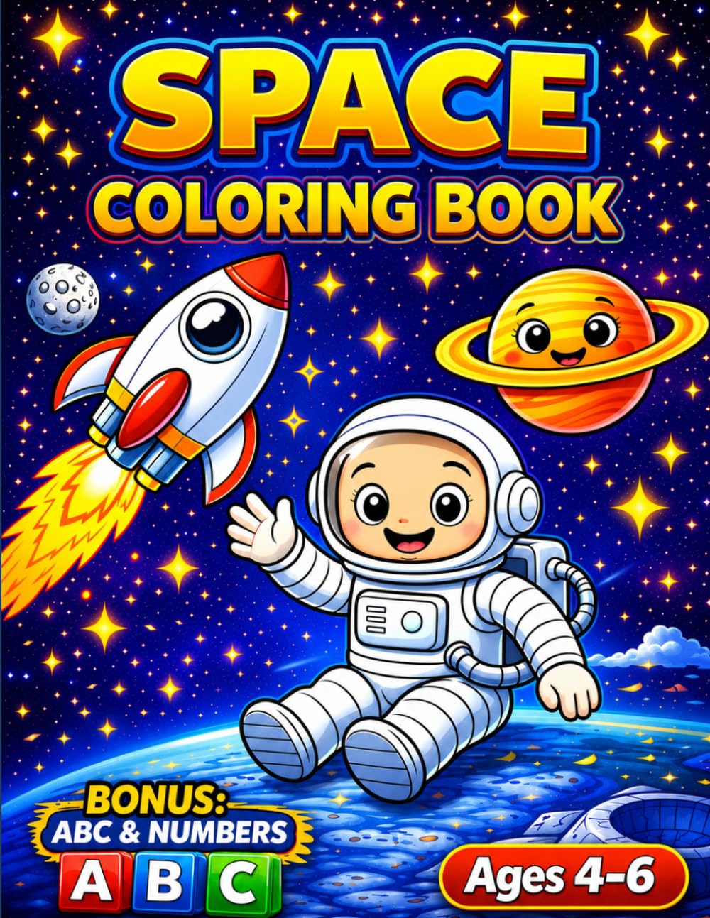 Space Coloring Book for Kids Ages 4–6 with BONUS ABC Alphabet & Numbers: Fun Space Coloring Pages with Astronaut, Rocket, Planets and Galaxy Scenes ... (Smash Kids Coloring & Learning Series)