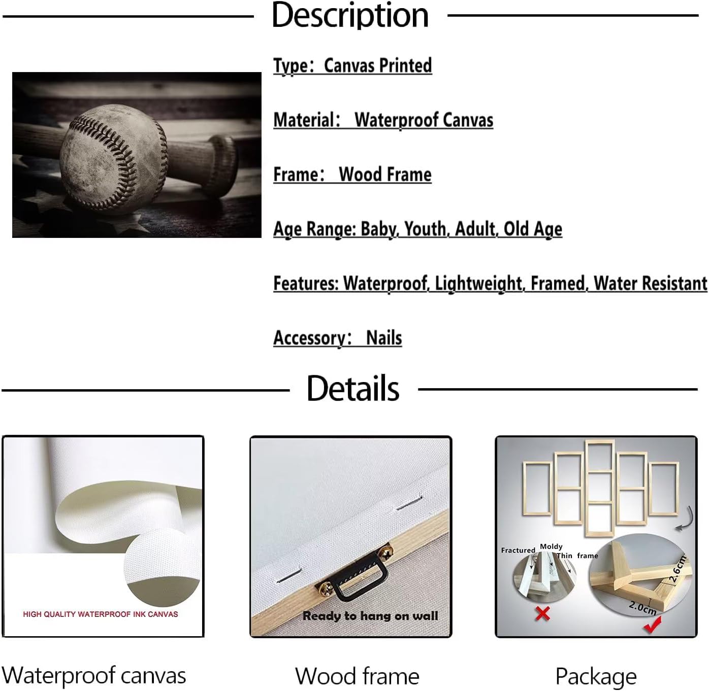 Black and White Baseball Wall Art Prints Baseball Wall Decor for Boys Room Bedroom Living Room - Baseball and Rustic American Flag Picture Poster Canvas Prints Framed Ready to Hang(28''H x 44''W)