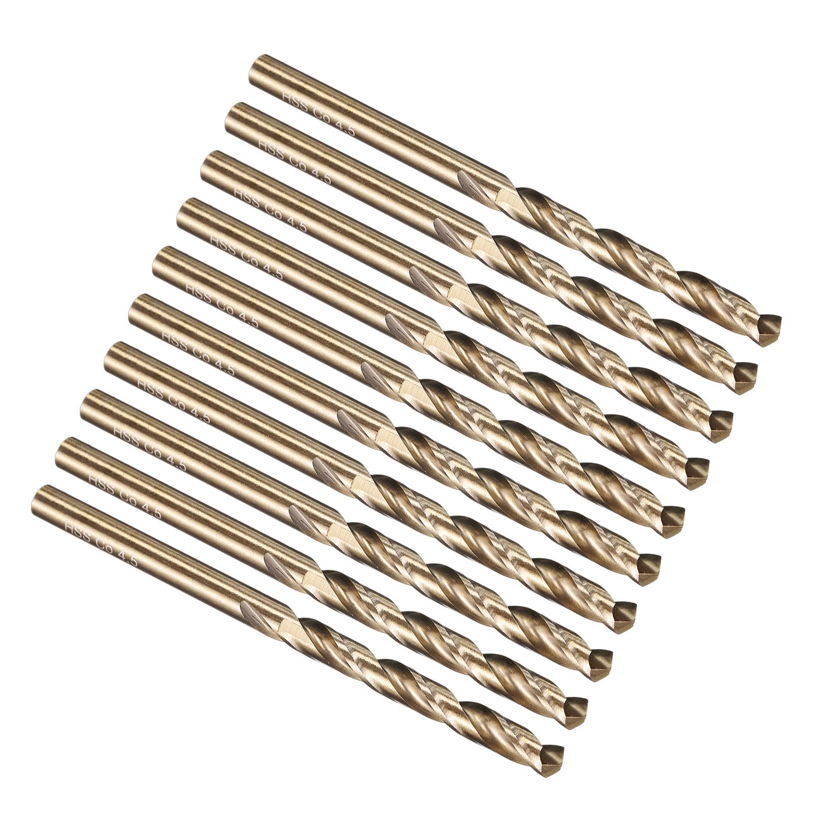 PATIKIL 4.5mm Drill Bit, M35 Cobalt 5% High-Speed Steel Jobber Straight Shank 135° Gold Finish for Stainless Steel Hard Metal - 10 Pack