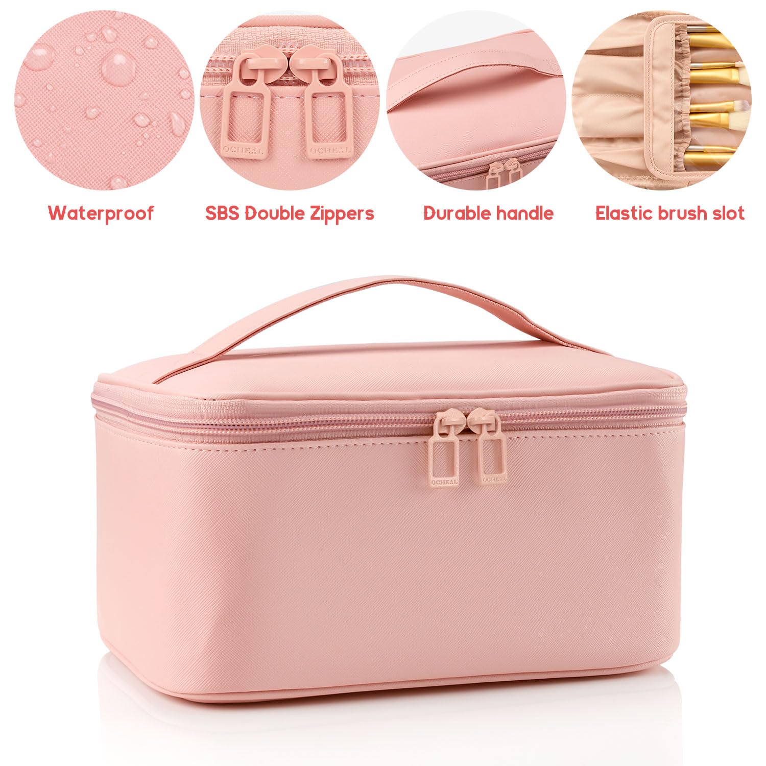 OCHEAL Pink Makeup Bag,Travel Makeup Organizer Bag, Large Capacity Cosmetic Bags For Women Large Travel Toiletry Bag Girls Traveling With Brush Slot And Divider - Image 2