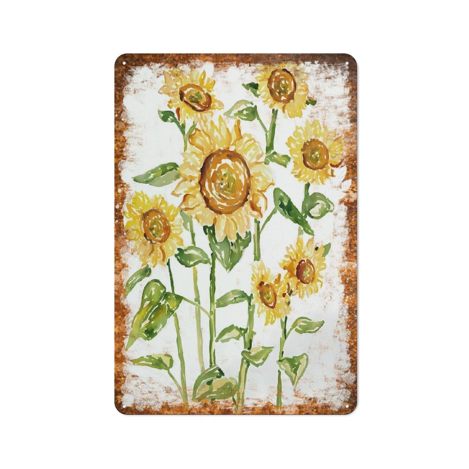 peiyeety Metal Tin Sign Vintage Watercolor Sunflower Bouquet Art, Minimalist Botanical Home Accent, Durable Rustic Plaque for Bedroom, Living Room, Office,8x12 Inch