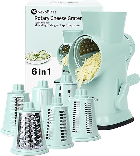 Rallador de queso giratorio 6 en 1 con 6 cuchillas de acero inoxidable, triturador de queso con base de succión reforzada, rallador para queso,