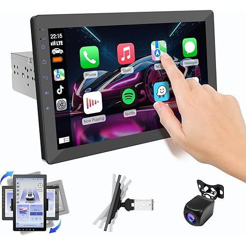 10.1 Inch Android 13 Car Stereo with Rotatable Touch Screen, Wireless CarPlay & Android Auto, 2G+32G, Single Din, for Ford F150, Chevy Silverado, Toyota Tacoma, Bluetooth, GPS, Backup Camera