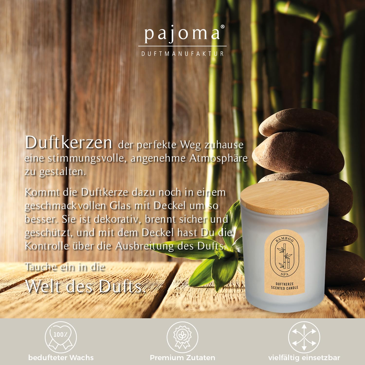 pajoma® 6x Duftkerze Bambus 120g Wachs Bamboo im satinierten Glas (H: 8 cm) mit Bambusdeckel | ca. 25h Brenndauer - natürlicher Spa-Duft | stilvolles Design & perfekt für Zuhause oder als Geschenk