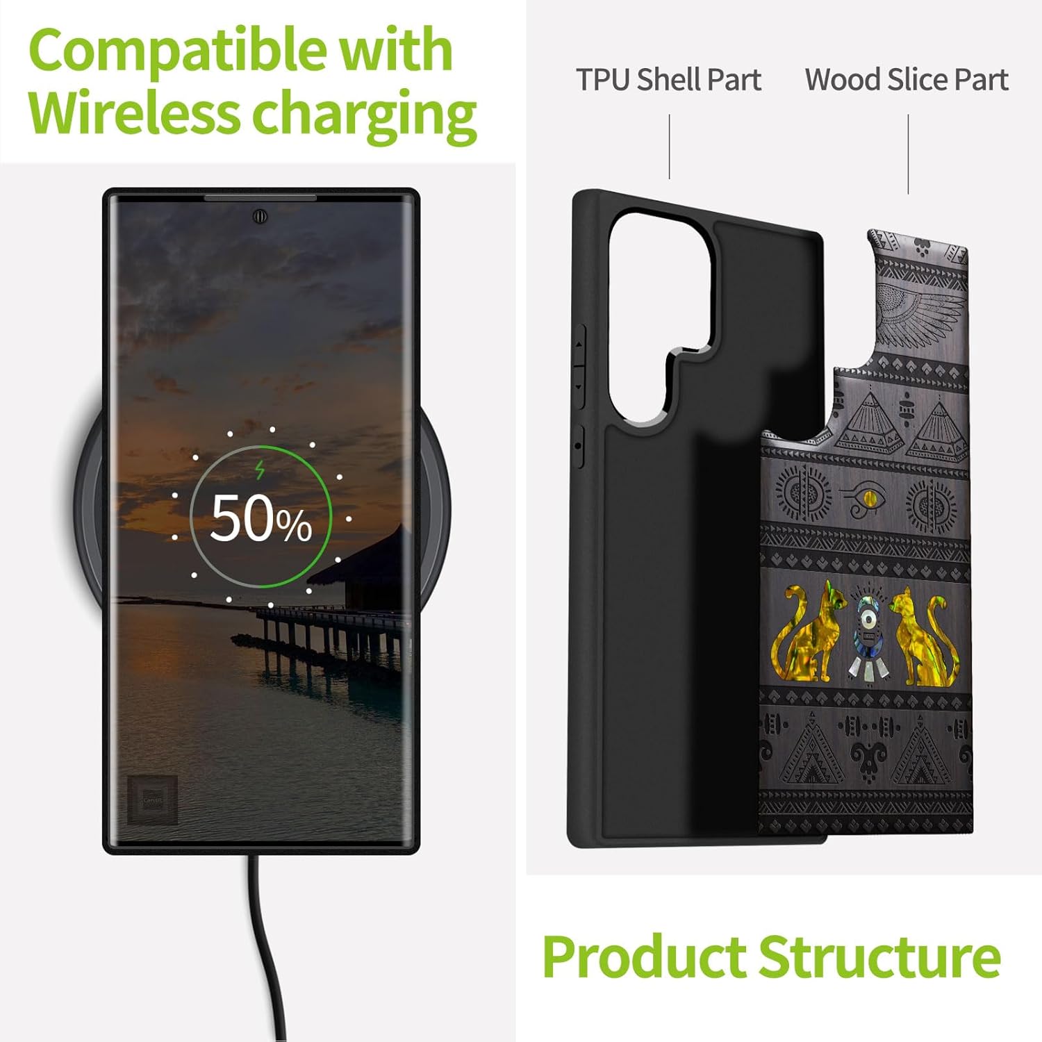 Carveit Designer Wooden Case for Samsung Galaxy S24 Ultra Case [Wood Engraving & Shell Inlay] Compatible with Wireless Chargers S24 Ultra Cover (The Symbols of Egypt-Blackwood)