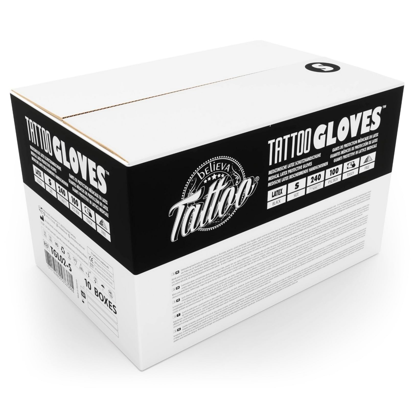 believa Tattoo Latex Einweghandschuhe Schwarz, 1000er Box (10 x 100 Stück) Puderfrei in S