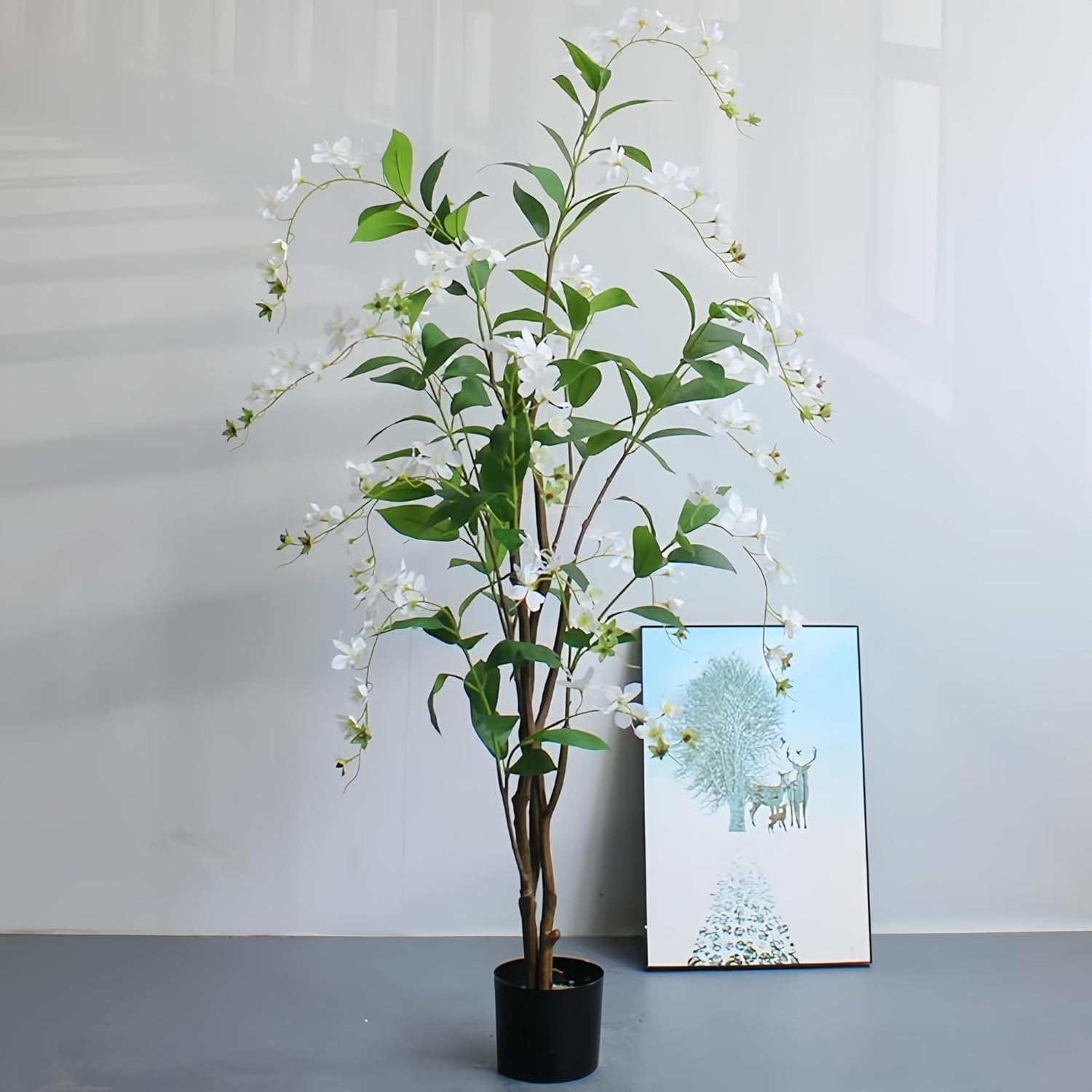 Artificial Jasmine Tree, 5ft Tall Faux Tree Potted Clerodendrum Tree with Natural Branches and Realistic Leaves Artificial Plants Indoor for Home Office Decor，Lifelike Fake Plants