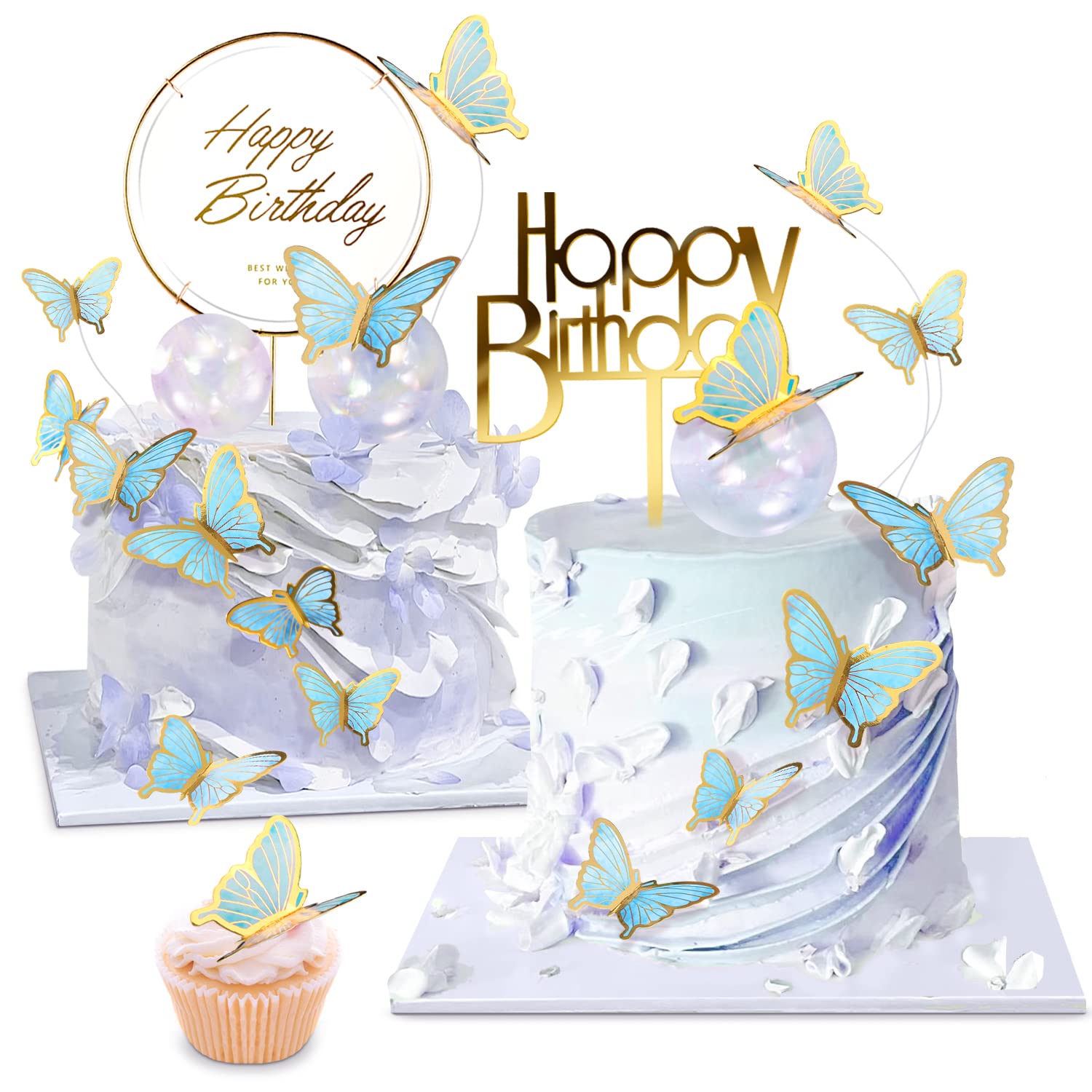 OWill 22-Pieces Blue Butterfly Cake Decorations with Happy Birthday Acrylic Cake Toppers for Baby Shower Wedding Birthday Party Decor (Blue)