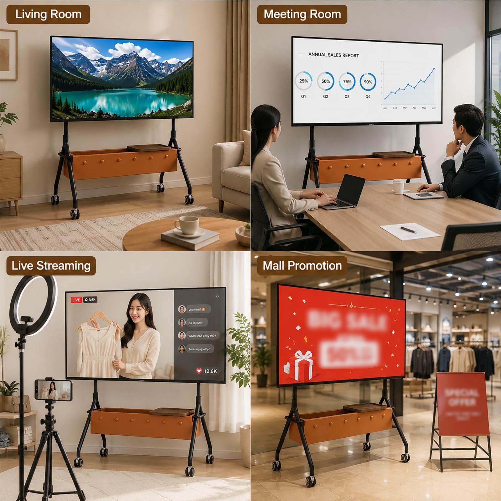 Supporto TV Mobile con Ruote, Carrello TV Mobile | Acciaio al Carbonio, Ruote Bloccabili, Scatola Portaoggetti, Pegboard DIY(Black)