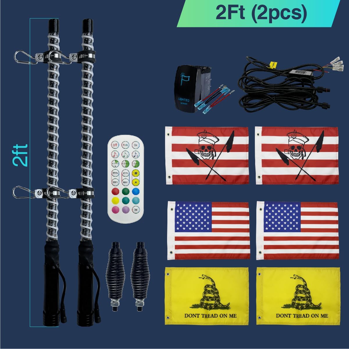 2 Pack 2ft COB LED Whip Lights with APP & Remote, ATV Whip Lights for Side by Side Slim Spiral RGB Chasing Lighted Whips with Rocker Switch for RZR Can-Am SXS Polaris Offroad Truck (COB 2FT 2PACK)