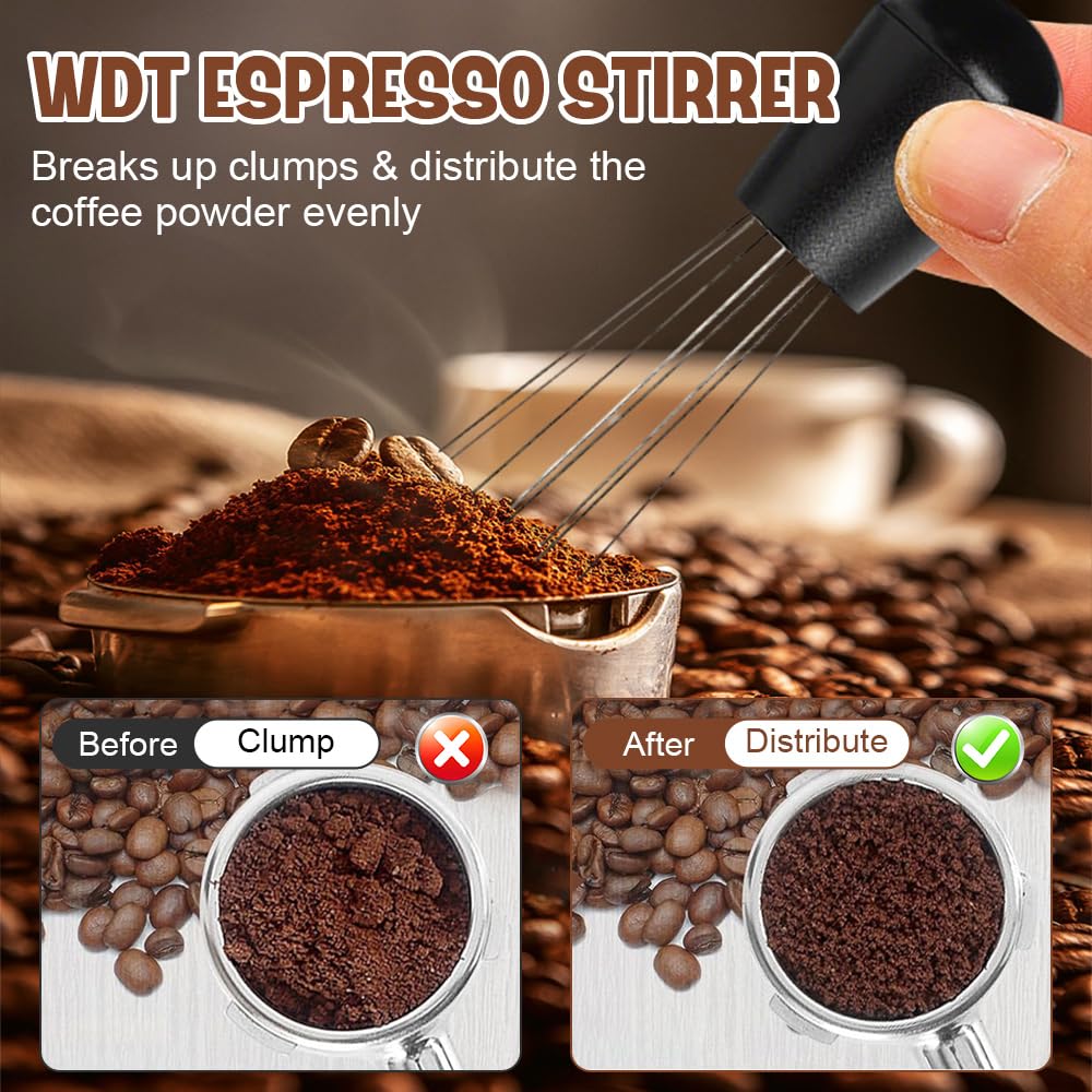 Set Accesorios Cafe 51mm, con Aguja de Espresso, Prensador de Café con Distribuidor, Anillo Dosificador de 51 mm, Agujas para Agitador de Café, Pantalla de Puck, Estación de Tamper, Cepillo de