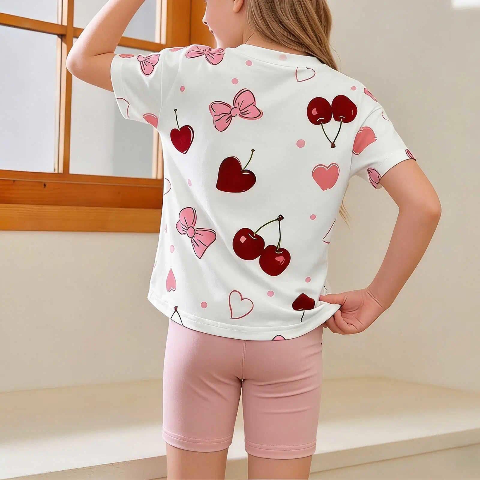 Conjunto de dos piezas de punto para niñas, camiseta de manga corta con cuello redondo y pantalones cortos hasta la rodilla estampados, estilo princesa, casual, verano — view 3