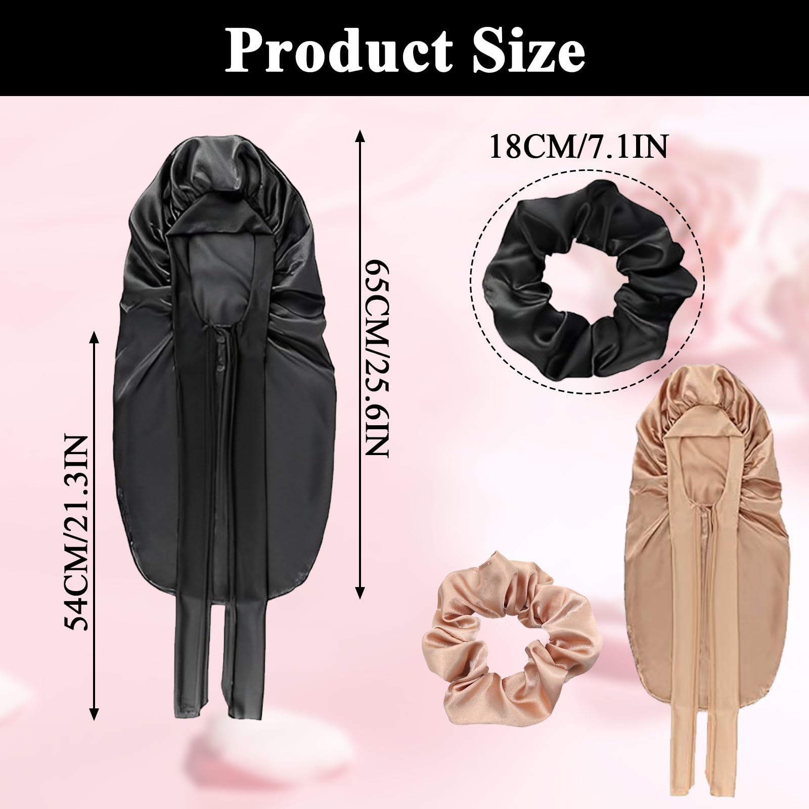 2 PCS Silk Bonnet for Sleeping,Hair Wrap Silk Hair Bonnet with 2 Elastic Hair Bands Protect Hairstyle, Soft Satin Hair Bonnet for Curly Hair, Long Hair (Black + Champagne) - Image 2