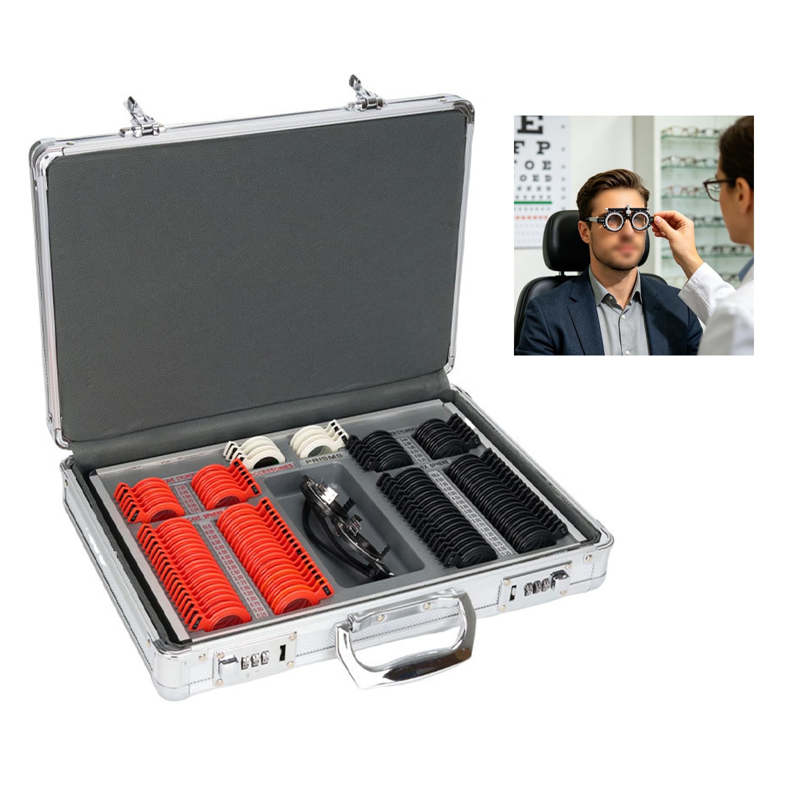 YSFHYAN 104 Trial Lens Set Metal Rim Aluminum Case,Optical Lens Optometry Rim Case Evidence Box Aluminum Rim Kit,High Transmittance Optical Trial Lens Set,Fully Transparent Lenses,with Trial Frame