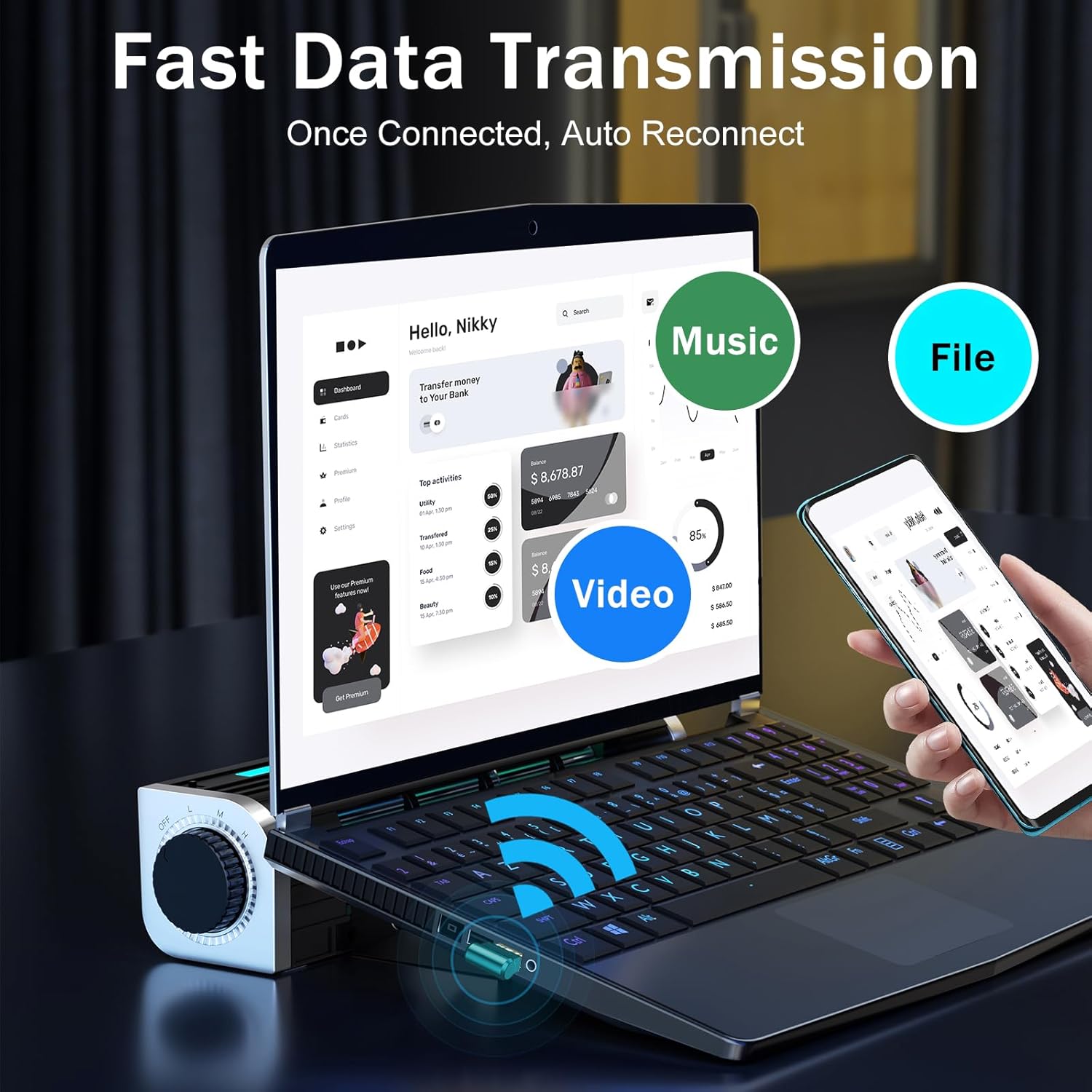 Image depicting fast data transmission with the Techkey Bluetooth adapter, showing a laptop connected to a smartphone, with icons for music, video, and files, indicating seamless wireless transfer and auto-reconnect functionality.