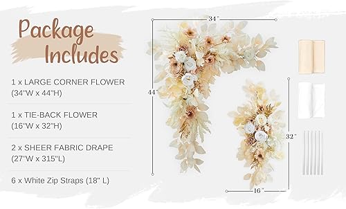 Miniatura 5 de Kit de flores para arco de boda con cortinas (paquete de 4) 2 guirnaldas artificiales beige de lujo con 2 cortinas transparentes para ceremonia de