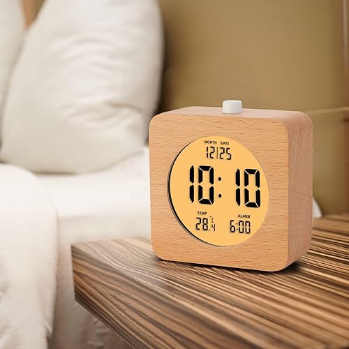 Miniatura 5 de Plumeet Reloj despertador digital de madera para dormitorios, reloj despertador de madera con batería de 4 pulgadas con repetición y luz nocturna,