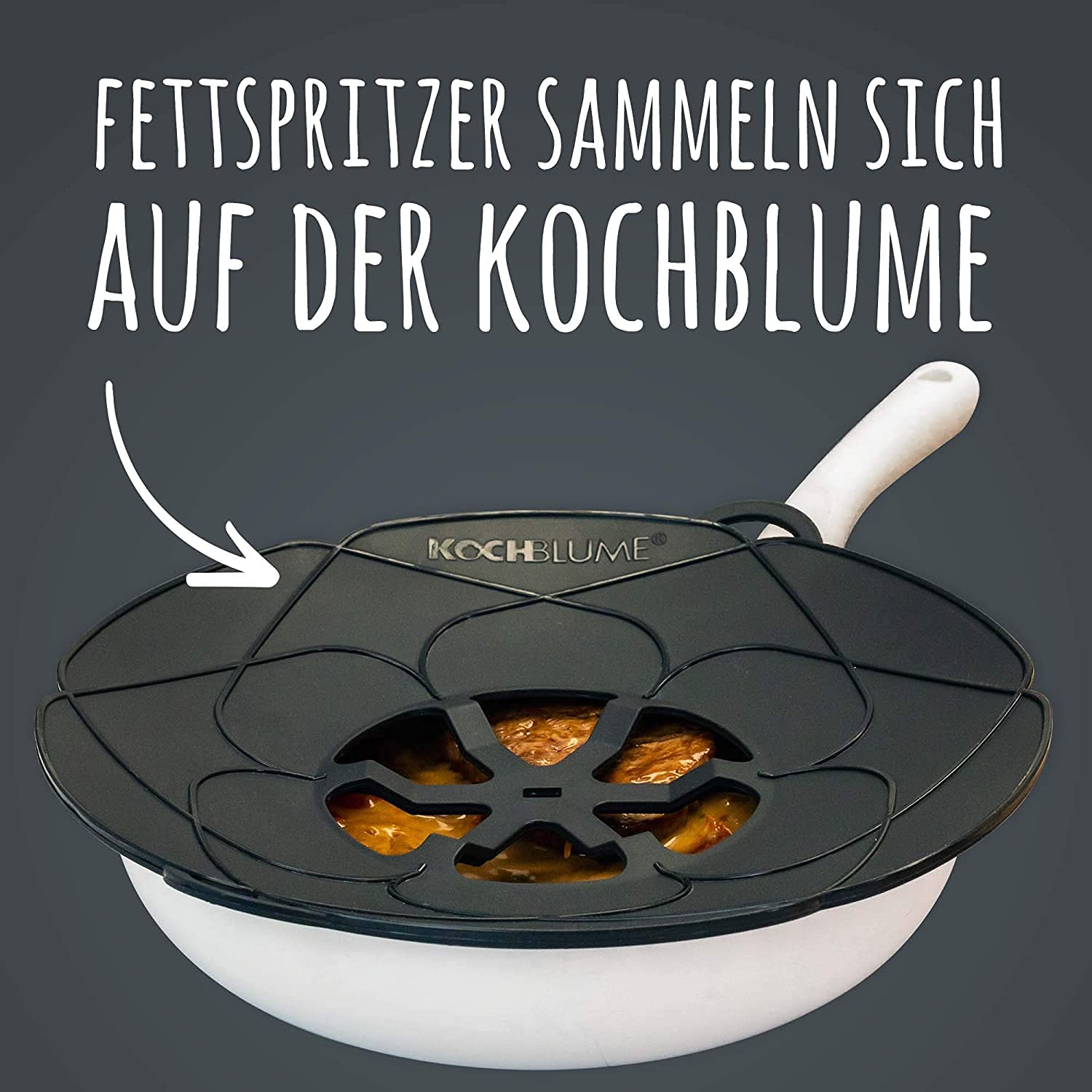 Kochblume das Original, Silikon Überkochschutz für Töpfe und Pfannen, Mikrowellen-Deckel, Spritzschutz und Dampfgar-Aufsatz | (anthrazit, XL | Topfgröße 20-28cm)