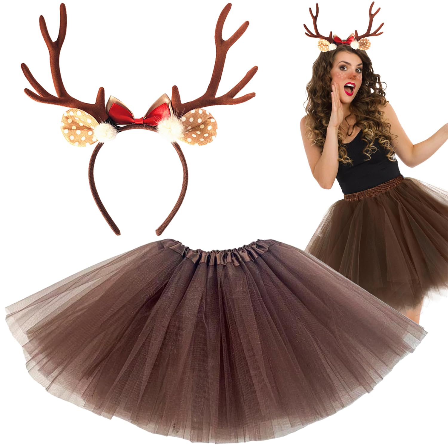 WFKKMEQ Reindeer Costume Set, 2Pcs Tutu Skirt with Antler Headband, Deer Headband Costume Sets
