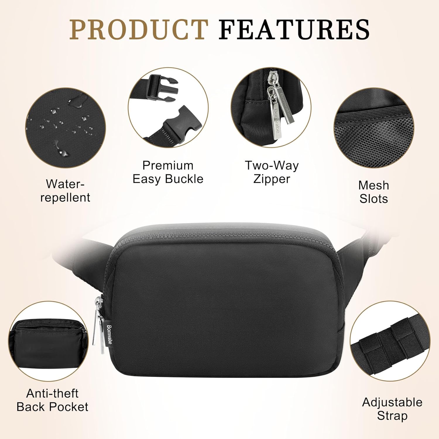 2L Everywhere Belt Bag for Women Men, Large Fanny Pack with Adjustable Strap 55", Waist Bag with Multiple Pockets, Crossbody Bag Water-resistant for Travel Gym Sports Running Hiking, Black - Image 3