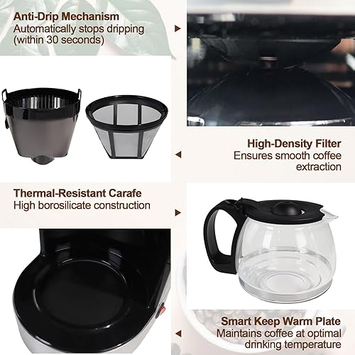 Miniatura 6 de Cafetera de goteo de 10 tazas, cafetera antigoteo de un solo toque con jarra de filtro reutilizable, para mantener el calor, cuchara, cafetera,