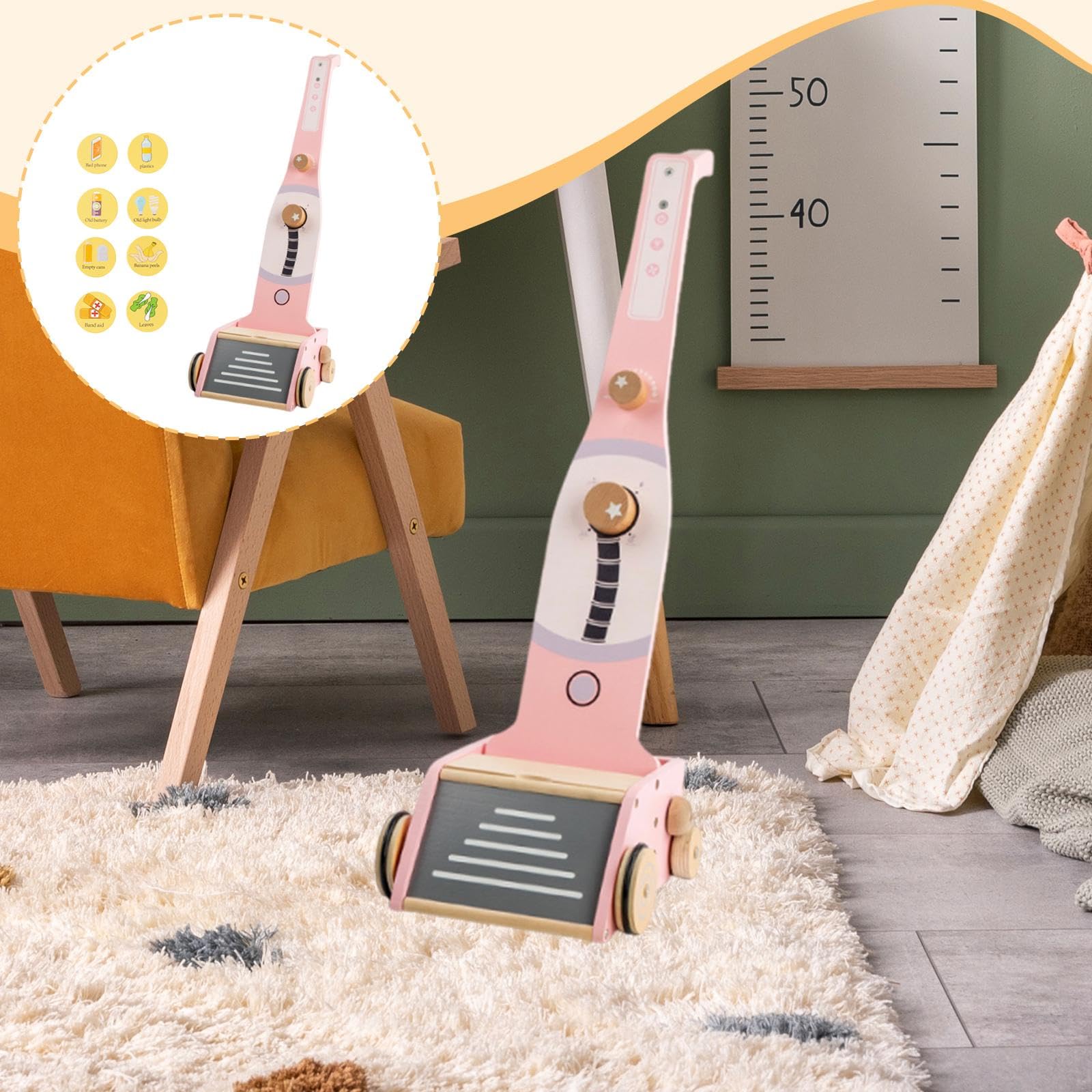 Staubsauger für Kleinkinder, Interaktives Haushaltsspielzeug Aus Holz, Lustiges Rollenspiel, Pädagogisches Spielzeug, Rosa