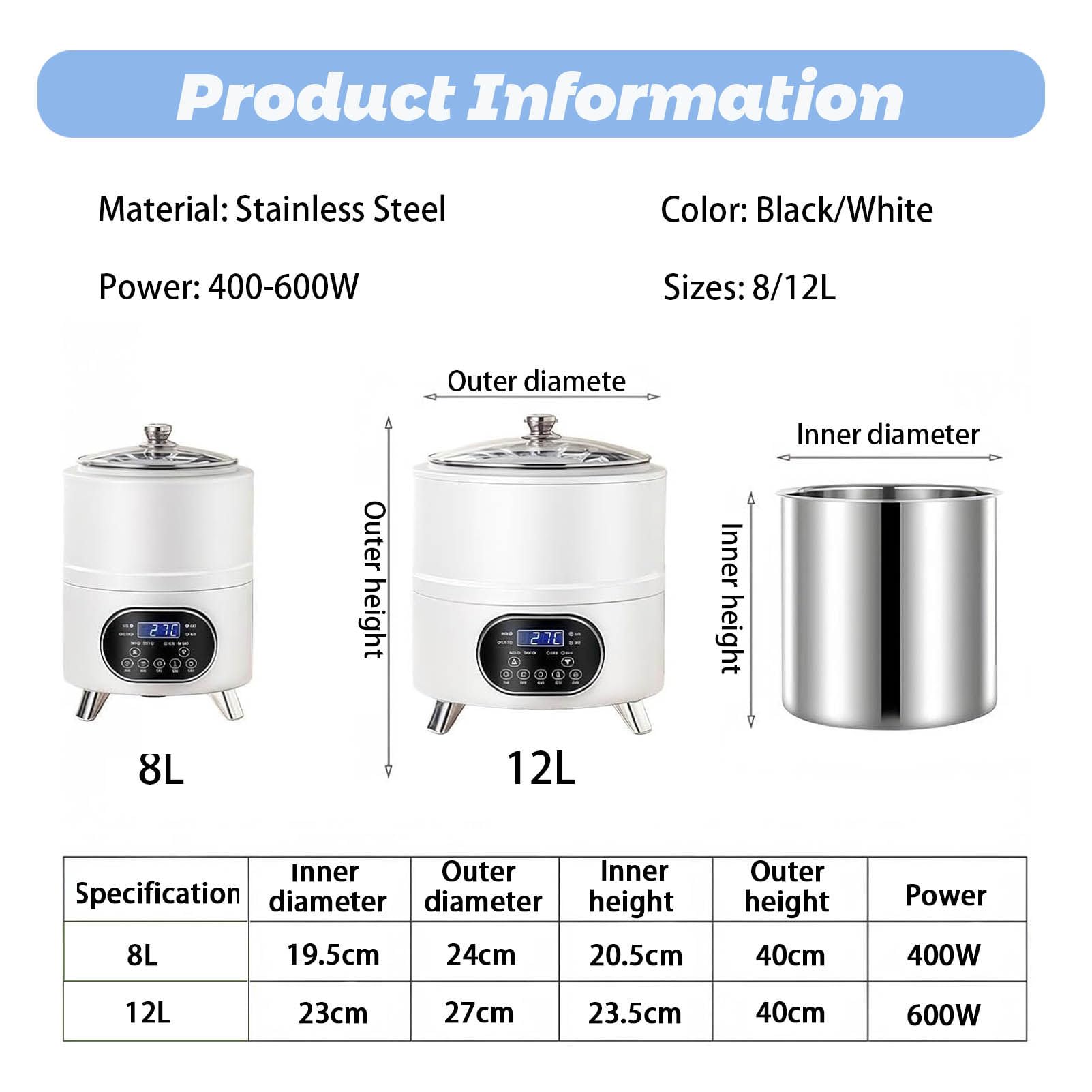 Yogurtera, Multifuncional Máquina de Yogur de 8L/12L con Gran Capacidad y Pantalla de Tiempo Yogurt Maker para la Producción de Yogur en Grandes Cantidades Black-12L
