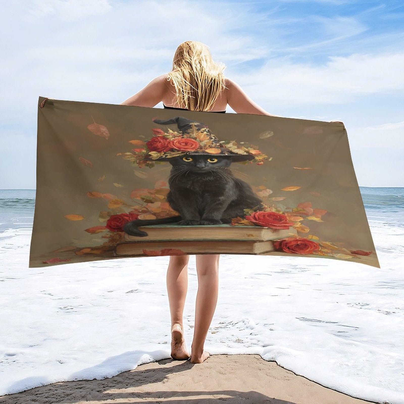 Luyysky Beautiful Gothic Black Kitten Quick-Drying Beach Towel, Retro Watercolor Animal Cat Red Rose Flowers Ginkgo Leaves Book Travel Vacation Single Sided Pile Bathroom Towels-80 W Cm X 160" L Cm