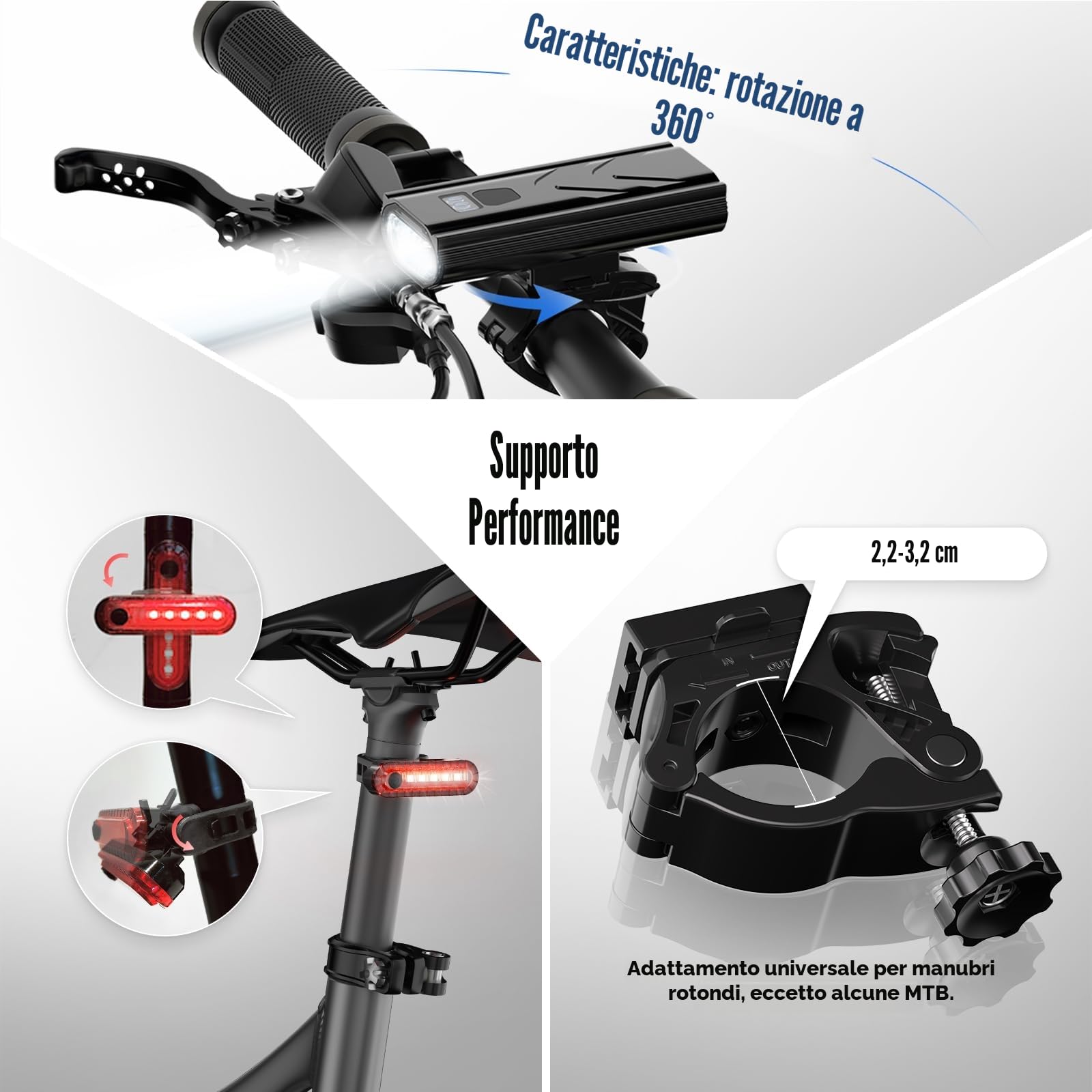 Luci Bicicletta LED Ricaricabili USB 6000mAh - 1010 Lumens Set Luce Anteriore/Posteriore per Bici Elettriche, MTB e Bici da Corsa con Fanale Frontale Potente - Impermeabile 6+4 Modalità