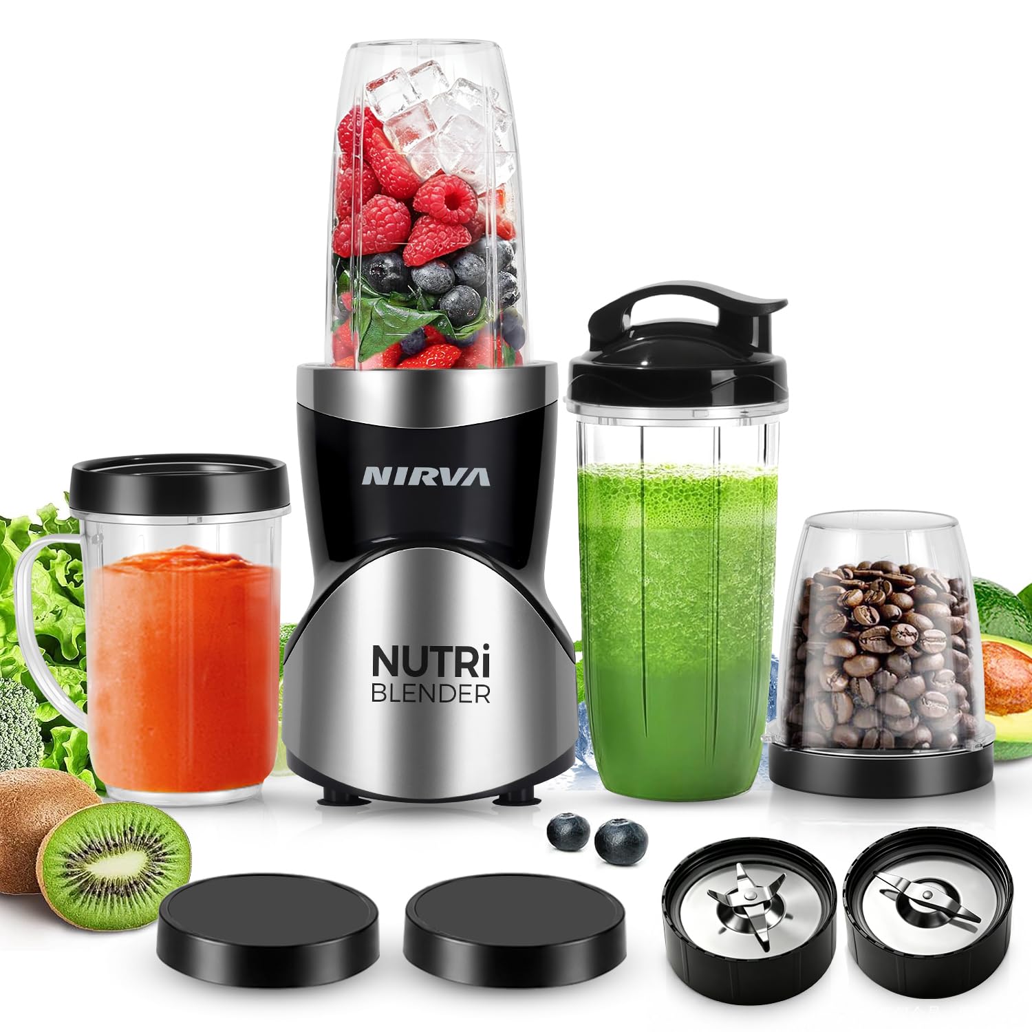 Nirva 4 in 1 Mini Mixer, Smoothie Maker mit 4 Tragbare, Mixbechern Zweiblatt und Vierblatt Edelstahlklingen,Blender elektrisch für Shake, Multifunktionsmixer für Ice, Obst, Gemüse, Nüsse