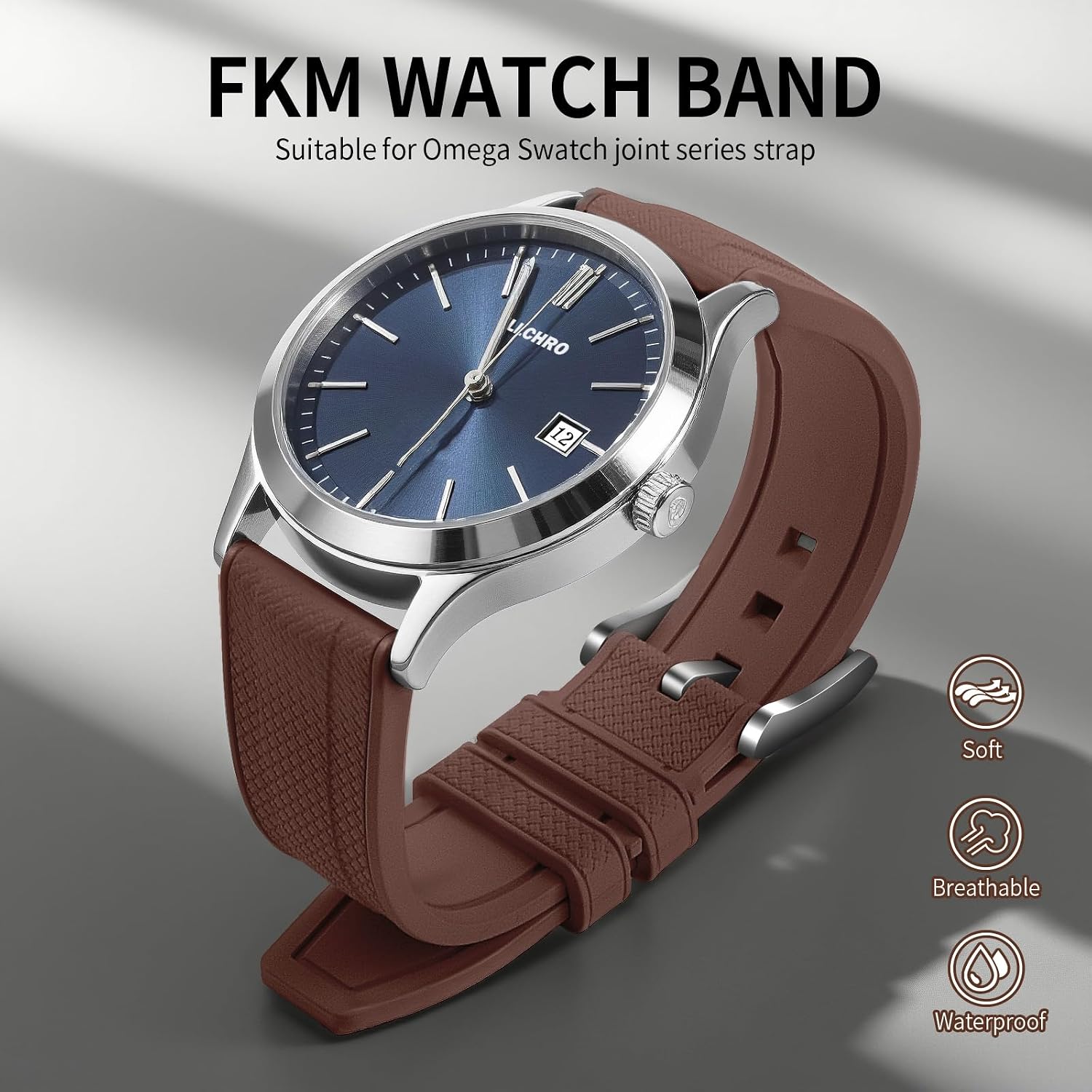 FKM Rubber Watch Strap 20mm 22mm Quick Release Fluororubber Band with Silver Buckle Soft Breathable Durable Rubber Sport Strap for Men Women Waterproof Silicone Replacement image 2