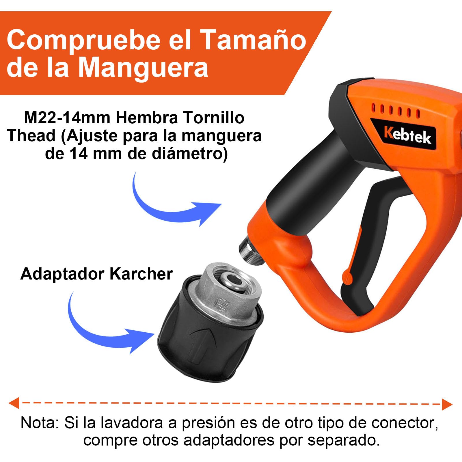 Kebtek Pistola Hidrolimpiadora de Alta presión 5200 PSI con Cañón de Espuma 1L, 5 Boquillas de Pulverización et Adaptador Compatible con Karcher K2-K7